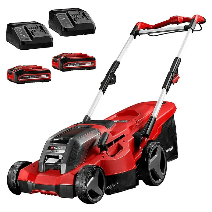 Einhell Power X-Change 18V Akku-Rasenmäher Rasarro 36/36 - 36 V, 2 Akkus, 3 Ah, Schnittbreite: 36 cm - Akku-Rasentrimmer von Einhell mit Ladegerät und Akkus für kabelloses und flexibles Trimmen des Rasens.