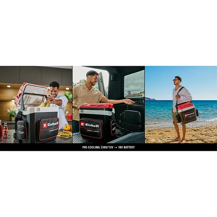 Einhell Power X-Change 18V Akku-Kühlbox TE-COL 18/27 Li-Solo - 18 V, Ohne Akku, 27 l, 20 °C - 60 °C - Das Bild zeigt eine Einhell Kühlbox in verschiedenen Nutzungsszenarien: beim Befüllen, im Auto und am Strand.