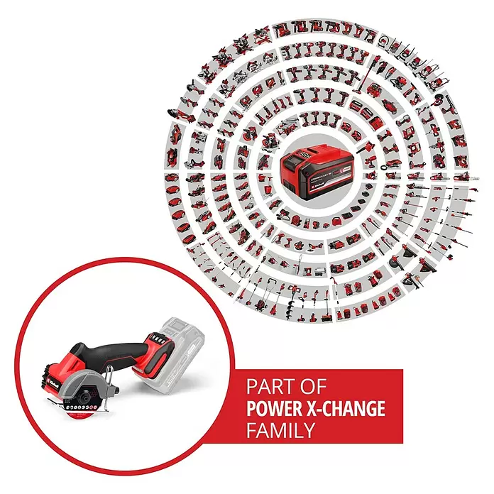 Einhell Professional Power X-Change 18V Akku-Trennschleifer TP-CO 18/76-C Li BL - Solo - Ohne Akku - Eine rote und schwarze Akku-Minikreissäge mit Akku, als Teil einer großen Familie austauschbarer Akku-Werkzeuge dargestellt.
