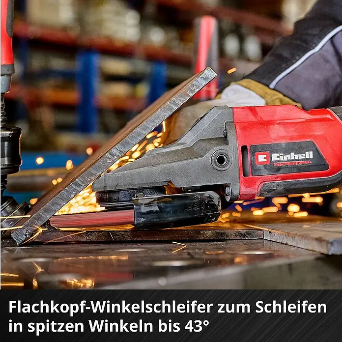 Einhell Professional Power X-Change 18V Akku-Winkelschleifer Professional TP-AG 18/125 F Li BL - Solo - 18 V, Ohne Akku, Durchmesser Scheibe: 125 mm - Flachkopf-Winkelschleifer beim Schleifen von Metall. Ideal für schwer zugängliche Stellen dank des flachen Designs.