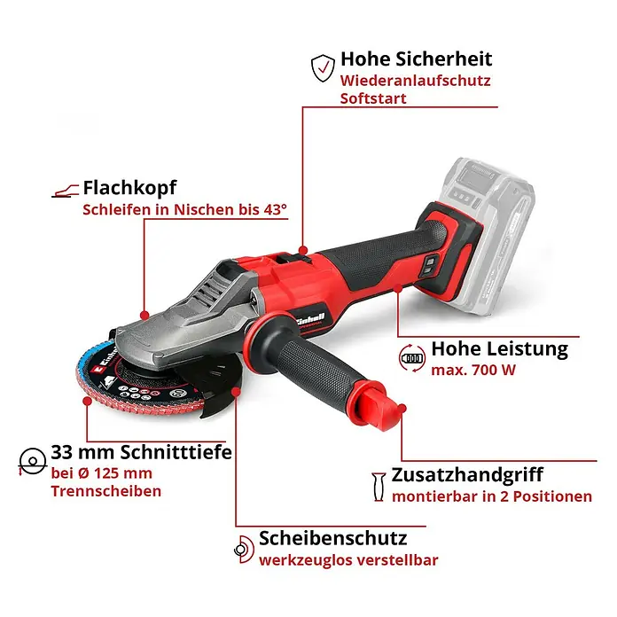 Einhell Professional Power X-Change 18V Akku-Winkelschleifer Professional TP-AG 18/125 F Li BL - Solo - 18 V, Ohne Akku, Durchmesser Scheibe: 125 mm - Bild einer Einhell Akku-Winkelschleifer mit flachem Kopf, hoher Leistung und Sicherheitsfunktionen für präzises Schleifen und Trennen.
