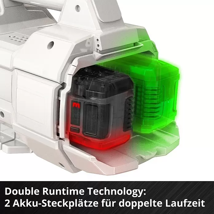 Einhell Power X-Change 18V Akku-Gartenpumpe Aqinna 18/30 F LED Automatic - 18 V, Li-Ionen, Ohne Akku, Max. Fördermenge: 3.000 l/h - Weißes Gerät mit zwei Akku-Steckplätzen: ein Akku leuchtet rot, der andere Steckplatz grün, für doppelte Laufzeit.