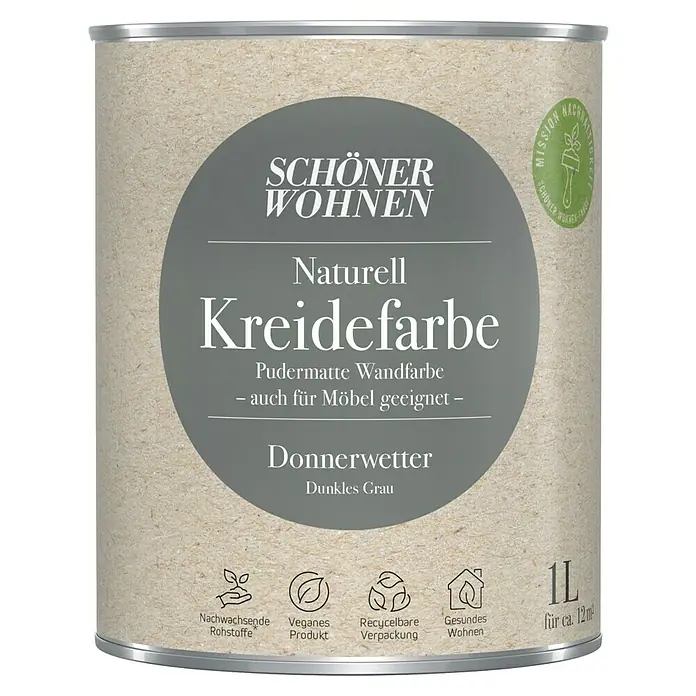SCHÖNER WOHNEN-Farbe Naturell Wandfarbe Kreidefarbe - Donnerwetter - dunkles Grau, Matt, 1 l, Konservierungsmittelfrei - Dose Schönere Wohnen Naturell Kreidefarbe in Dunkles Grau. Ideal für Wände und Möbel, pudermatt und umweltfreundlich.