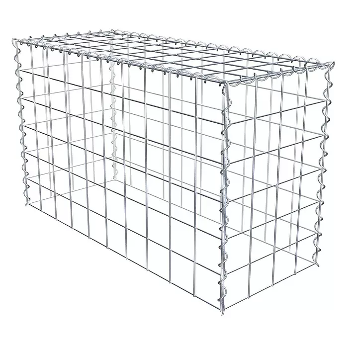 Gabiona Gabione Typ 3 - Zum Anbau in der Höhe, 100 x 40 x 60 cm, Stahl, Maschenbreite: 100 mm, Maschenhöhe: 100 mm, Spirale - Silberfarbener Gabionenkorb aus Metallgitter, rechteckig und leer, bereit zur Befüllung.