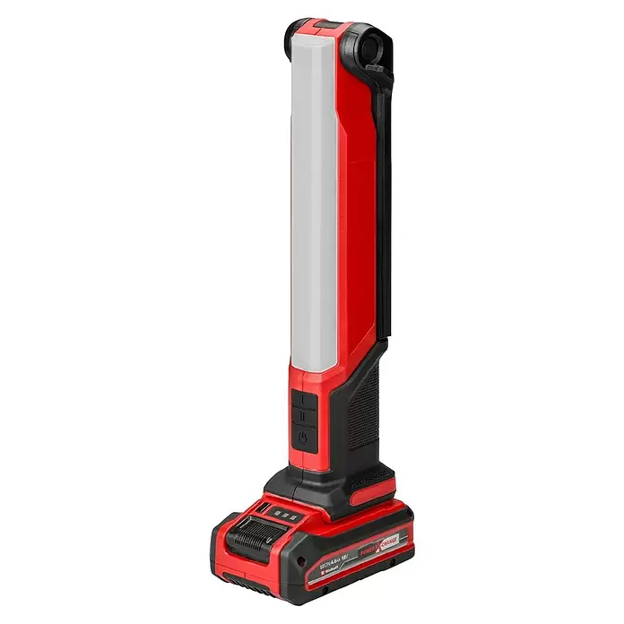 Einhell PXC 18V Lámpara de obra de batería TE-CL 18/1000 S Li - 18 V, Sin batería, Flujo luminoso: 1.000 lm - Luz de trabajo LED inalámbrica roja y negra con cabeza ajustable, batería Power X-Change de 18V visible.