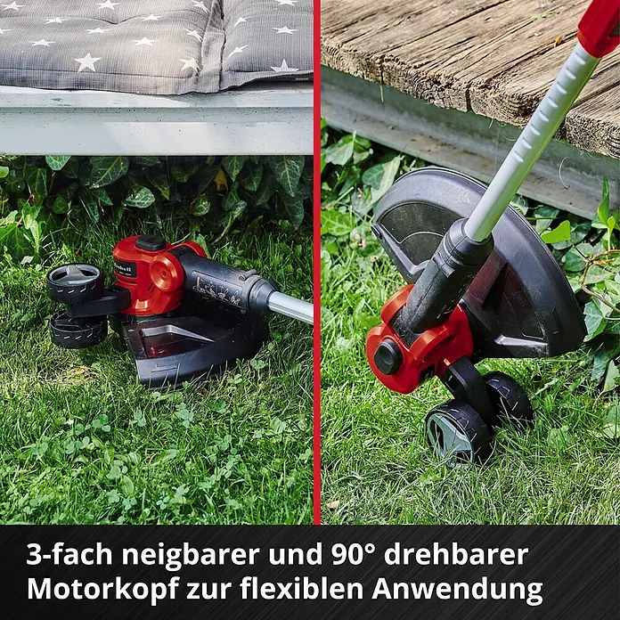 Einhell Power X-Change 18V Akku-Rasentrimmer GE-CT 18/30 Li-Solo - 18 V, Li-Ionen, Ohne Akku, Schnittbreite Faden: 30 cm - Flexibilität in jeder Ecke: Der Rasentrimmer mit drehbarem Motorkopf für präzise Kanten und Ecken.