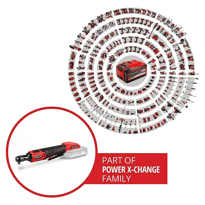 Einhell Power X-Change 18V Akku-Ratschenschrauber TE-RW 18/60 Li-Solo - 18 V, Ohne Akku, Max. Drehmoment: 60 Nm - Abbildung eines Einhell Akku-Ratschenschraubers mit Power X-Change Akku, Teil der Power X-Change Familie, mit vielen anderen Geräten.