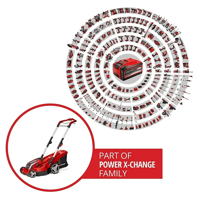 Einhell Power X-Change 18V Akku-Rasenmäher Rasarro 36/36 - 36 V, 2 Akkus, 3 Ah, Schnittbreite: 36 cm - Das Bild zeigt einen roten Einhell Akku-Rasenmäher, der Teil der Power X-Change Familie ist, umgeben von anderen Produkten dieser Serie.