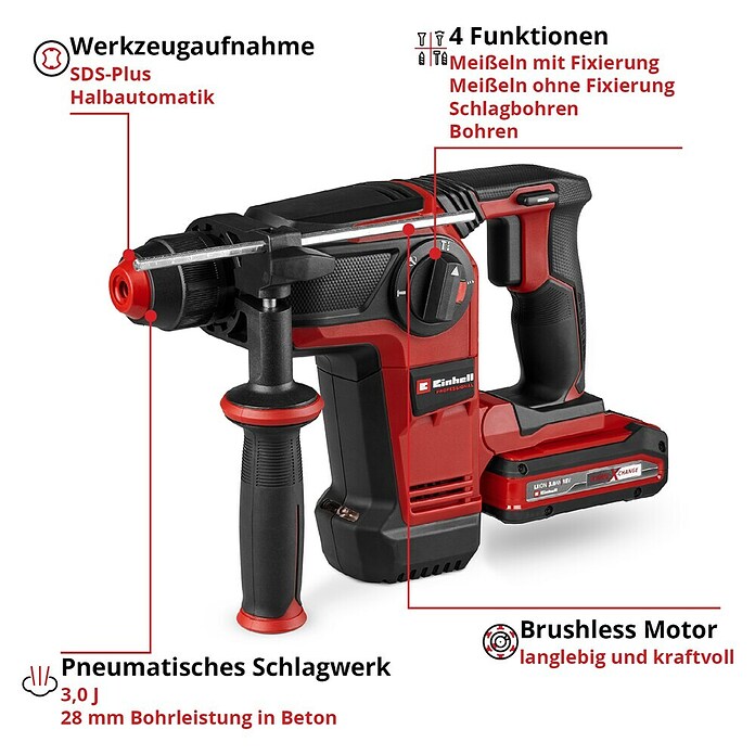 Einhell Professional Power X-Change 18V Akku-Bohrhammer TP-HD 18/28 Li BL+4 (18 V, 1 Akku, 3 J) | BAUHAUS