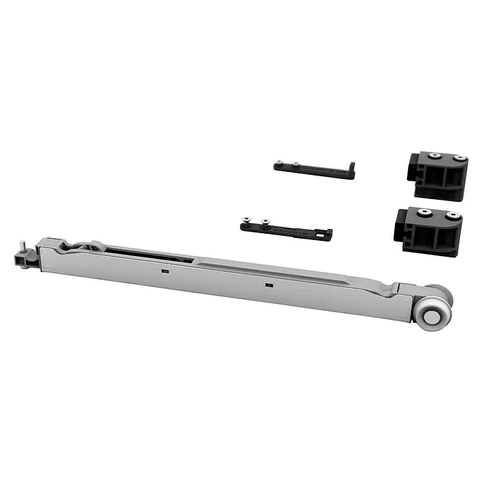Entravia Türschließdämpfer - Traglast: 80 kg, Passend für: Entravia Simple-Pocket Schiebetürsystem - Graue und schwarze Soft-Close-Türmechanismus-Komponenten, bestehend aus Haupteinheit, zwei Stoppern und zwei Montageblöcken.