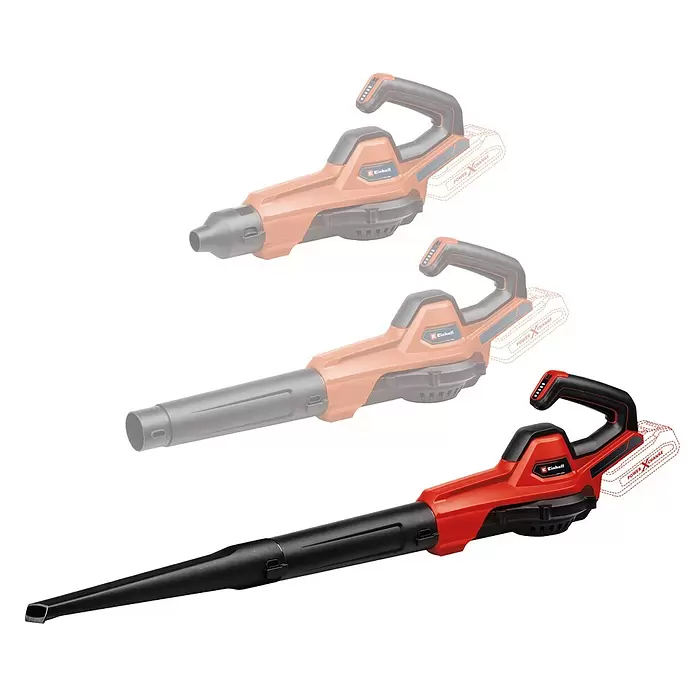 Einhell Power X-Change 18V Akku-Laubbläser GE-UB18/250LI E - 18 V, Ohne Akku, Blasgeschwindigkeit: 250 km/h, Blasleistung: 120 m³/h - Akku-Laubbläser Einhell Power X-Change in Rot und Schwarz mit langer Düse, dargestellt mit verschiedenen Aufsätzen.
