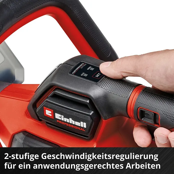 Einhell Professional Akku-Heckenschere GP-CH 18/61 Li BL Solo - 18 V, Li-Ionen, Ohne Akku, Schnittlänge: 61 cm - Detailaufnahme einer Einhell Heckenschere mit Geschwindigkeitsregelung für anwendungsgerechtes Arbeiten.