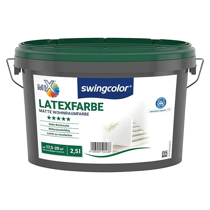 swingcolor Mix Latexfarbe zum Mischen lassen - Basismischfarbe 4, Matt, 2,5 l, Konservierungsmittelfrei - Grauer Eimer "Swingcolor" Latexfarbe, matte Wohnraumfarbe, ideal für Innenräume, mit hoher Reichweite und einfacher Verarbeitung.