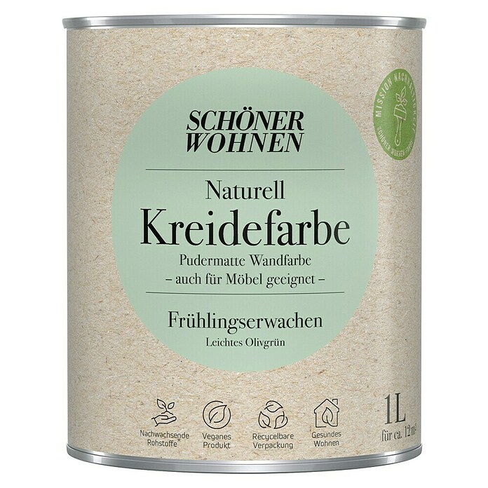 SCHÖNER WOHNEN-Farbe Naturell Wandfarbe Kreidefarbe (Frühlingserwachen - leichtes Olivgrün, Matt, 1 l, Konservierungsmittelfrei) | BAUHAUS