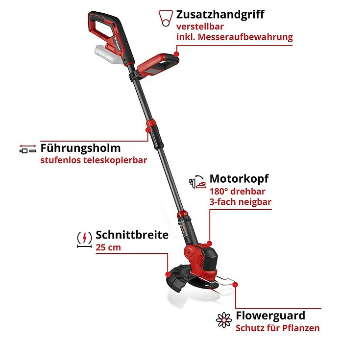Einhell PXC 18V Recortabordes de batería GE-CT 18/25 Li-Solo (18 V, Iones de litio, Sin batería, Ancho de corte cuchilla: 25 cm) | BAUHAUS