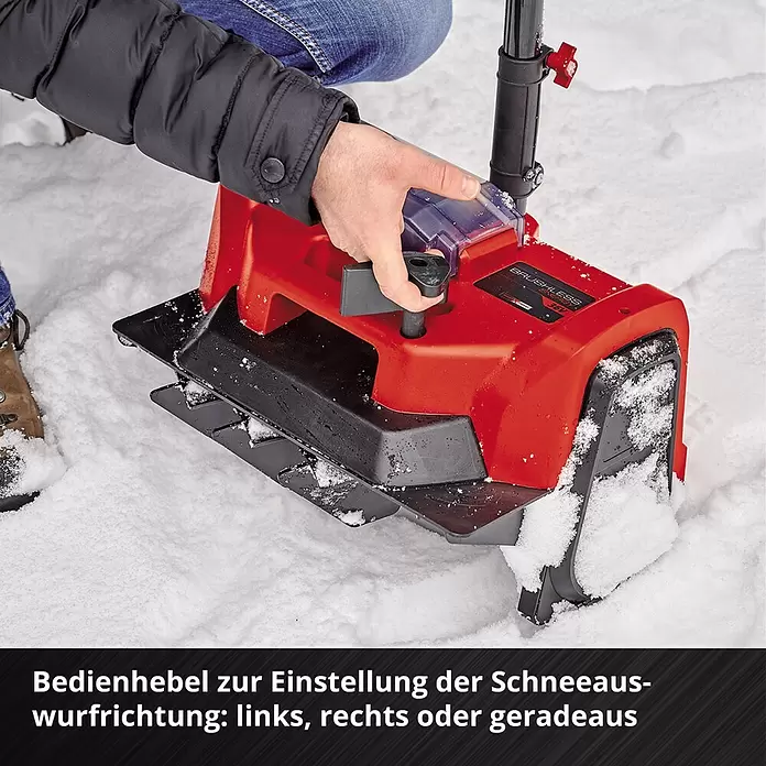 Einhell Power X-Change 18V Akku-Schneefräse GE-ST 36/40LI E - 36 V, Ohne Akku, Arbeitsbreite: 40 cm - Roter und schwarzer Schneefräse, eine Hand justiert den Hebel für die Schneeauswurfrichtung.