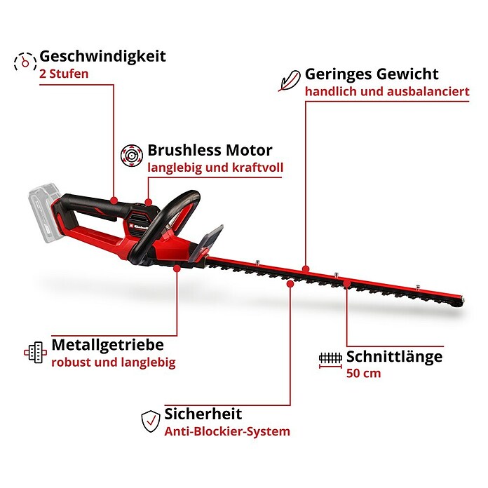 Einhell Professional Akku-Heckenschere SOLO GP-CH 18/50 LI BL (18 V, Li-Ionen, Ohne Akku, Schnittlänge: 50 cm) | BAUHAUS