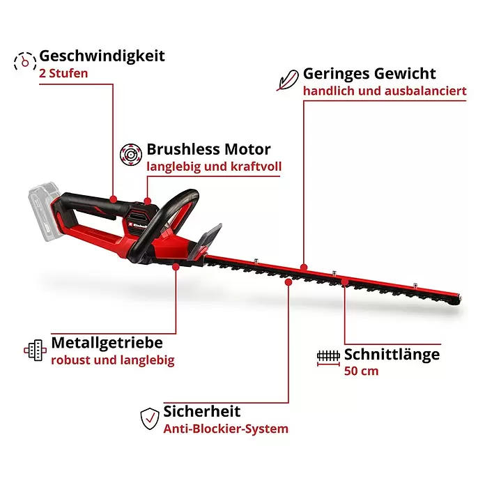 Einhell Professional Akku-Heckenschere SOLO GP-CH 18/50 LI BL - 18 V, Li-Ionen, Ohne Akku, Schnittlänge: 50 cm - Rote und schwarze Heckenschere mit bürstenlosem Motor, Metallgetriebe, 50 cm Schnittlänge und 2 Geschwindigkeitsstufen.