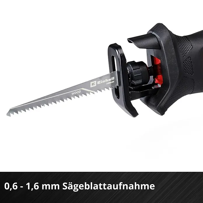 Einhell Power X-Change 18V Akku-Säbelsäge TE-AP 18/13 Li-Solo - 18 V, Ohne Akku - Einhell Akku-Säbelsäge mit Holz-Sägeblatt. Die Sägeblattaufnahme ist für 0,6 - 1,6 mm Sägeblätter geeignet.