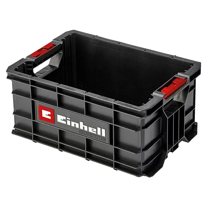 Einhell Werkzeugkasten - L x B x H: 32 x 44,4 x 21 cm, Polypropylen, Traglast: 90 kg - Schwarze Einhell E-CASE SYSTEM Lagerkiste aus Kunststoff mit roten Griffen.