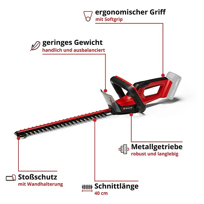 Einhell Power X-Change 18V Akku-Heckenschere GC-CH 18/40 Li Solo - 18 V, Li-Ionen, Ohne Akku, Schnittlänge: 40 cm - Abbildung einer Einhell Akku-Heckenschere mit ergonomischem Griff, geringem Gewicht und 40 cm Schnittlänge.