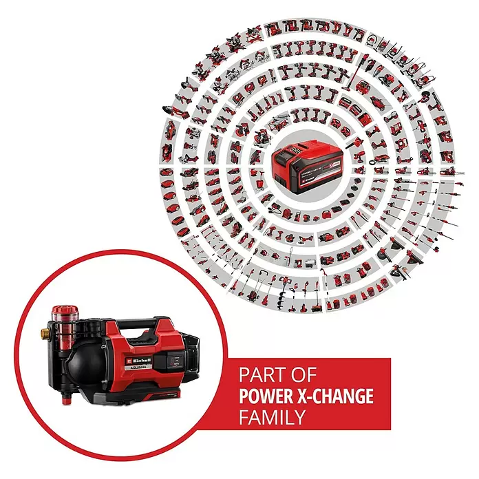 Einhell Power X-Change 18V Akku-Gartenpumpe Aqinna 18/30 F LED Automatic - 18 V, Li-Ionen, Ohne Akku, Max. Fördermenge: 3.000 l/h - Rote und schwarze Einhell Aquinna Wasserpumpe mit transparentem Vorfilter.