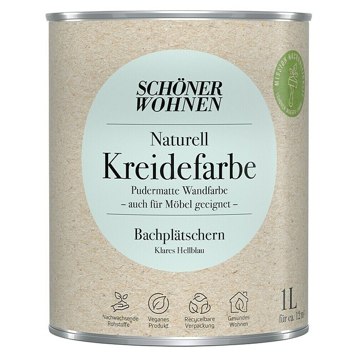 SCHÖNER WOHNEN-Farbe Naturell Wandfarbe Kreidefarbe (Bachplätschern - klares Hellblau, Matt, 1 l, Konservierungsmittelfrei) | BAUHAUS