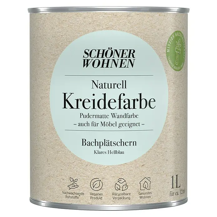 SCHÖNER WOHNEN-Farbe Naturell Wandfarbe Kreidefarbe - Bachplätschern - klares Hellblau, Matt, 1 l, Konservierungsmittelfrei - Abbildung einer Dose Schöner Wohnen Naturell Kreidefarbe in der Farbe Bachplätschern (klares Hellblau).