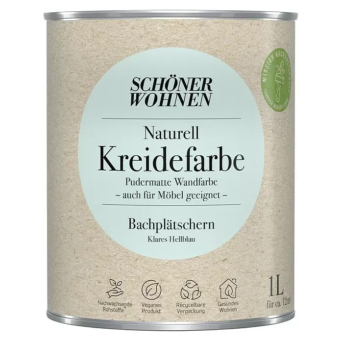 SCHÖNER WOHNEN-Farbe Naturell Wandfarbe KreidefarbeBachplätschern - klares Hellblau, Matt, 1 l, Konservierungsmittelfrei