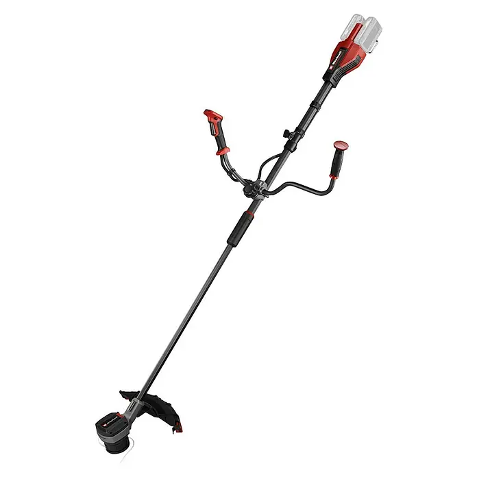 Einhell Professional Akku-Motorsense SOLO GP-BC 36/430 LI BL - 36 V, Ohne Akku, Schnittbreite Faden: 43 cm, Schnittbreite Messer: 25,5 cm - Abbildung eines Akku-Rasentrimmers mit verstellbarem Griff und Akku oben. Das Gerät ist hauptsächlich in Schwarz und Rot gehalten.