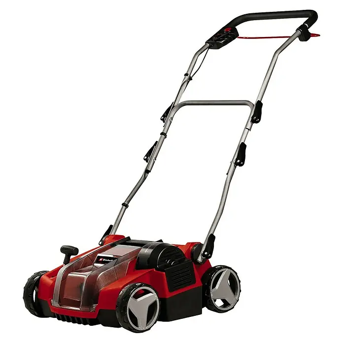 Einhell Power X-Change 18V Akku-Vertikutierer-Lüfter GE-SC 36/35 LI SOLO - Anzahl Akkus: Ohne Akku, 36 V - Roter Einhell Elektro-Vertikutierer mit silbernem Griff und schwarzen Akzenten, ideal für die Rasenpflege.