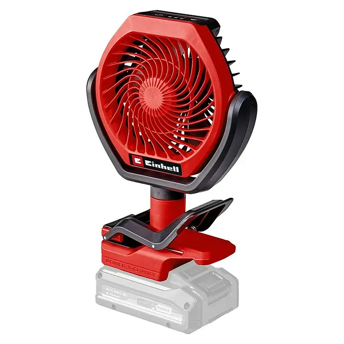 Einhell Power X-Change 18V Akku-Ventilator GC-CF 18/110 Li - Rot, 11 cm, 18 V, Ohne Akku - Ein roter Einhell Akku-Ventilator mit schwarzem Clip-Fuß. Der Power X-Change Akku ist angedeutet dargestellt. Praktische Kühlung für unterwegs.