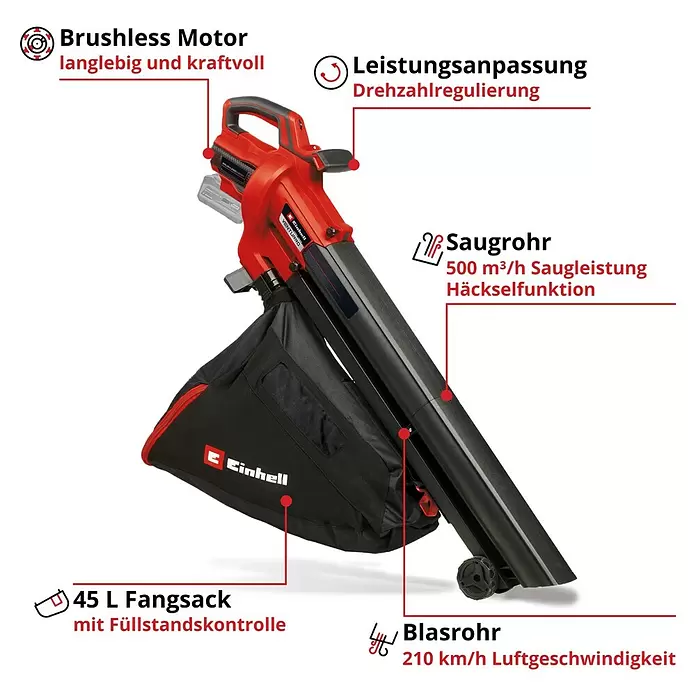 Einhell Power X-Change 18V Akku-Laubsauger & -Laubbläser Venturro 18/210 - 18 V, Ohne Akku, Blasgeschwindigkeit: 210 km/h - Rotes Akku-Laubgebläse/-sauger mit 45L Fangsack, bürstenlosem Motor, Drehzahlregulierung, 210 km/h Blas- und 500 m³/h Saugleistung.