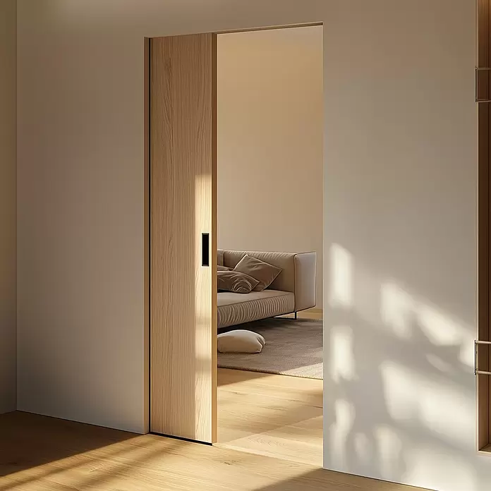 Entravia Türschließdämpfer - Traglast: 80 kg, Passend für: Entravia Simple-Pocket Schiebetürsystem - Helle Holztaschenschiebetür mit schwarzem Griff, leicht geöffnet, zeigt modernes Wohnzimmer.