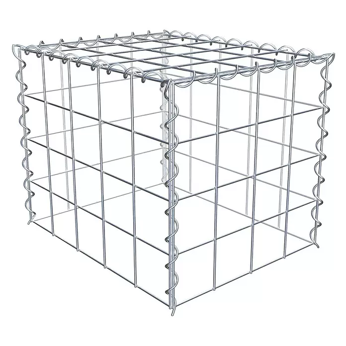 Gabiona Gabione Typ 3 - Zum Anbau in der Höhe, 50 x 40 x 40 cm, Stahl, Maschenbreite: 100 mm, Maschenhöhe: 100 mm, Spirale - Silberner Metall-Gabionenkorb, ein robuster Drahtgitterwürfel.