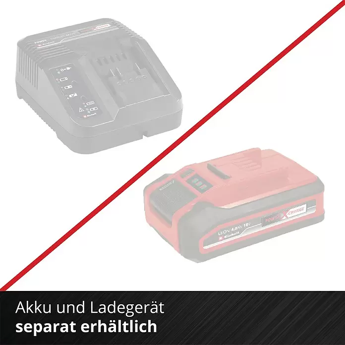 Einhell Power X-Change 18V Akku-Gartenpumpe Aqinna 18/30 F LED Automatic - 18 V, Li-Ionen, Ohne Akku, Max. Fördermenge: 3.000 l/h - Roter und schwarzer Einhell Power X-Change Akku und Ladegerät, diagonal getrennt gezeigt, separat erhältlich.