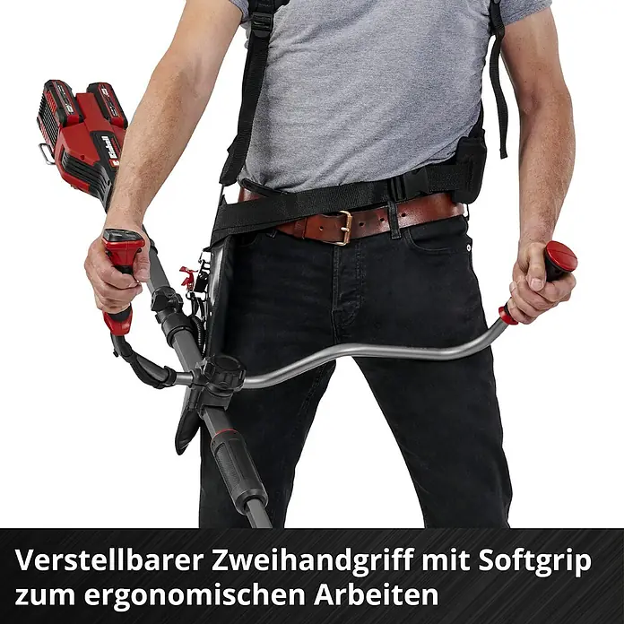 Einhell Professional Akku-Motorsense SOLO GP-BC 36/430 LI BL - 36 V, Ohne Akku, Schnittbreite Faden: 43 cm, Schnittbreite Messer: 25,5 cm - Abgebildet ist ein Akku-Rasentrimmer mit verstellbarem Zweihandgriff mit Softgrip für ergonomisches Arbeiten.