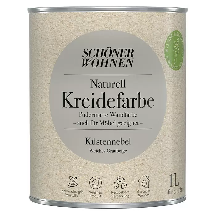 SCHÖNER WOHNEN-Farbe Naturell Wandfarbe KreidefarbeKüstennebel - weiches Graubeige, Matt, 1 l, Konservierungsmittelfrei
