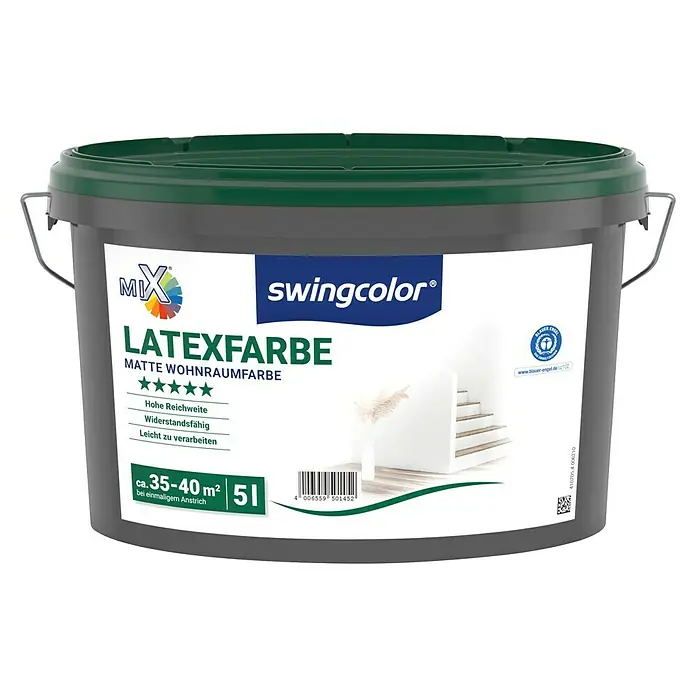 swingcolor Mix Latexfarbe zum Mischen lassen - Basismischfarbe 4, Matt, 5 l, Konservierungsmittelfrei - Ein grauer Eimer Swingcolor Latex Matt Innenfarbe für Wohnräume, 5 Liter Inhalt, mit grünen Deckel und Metallhenkel.