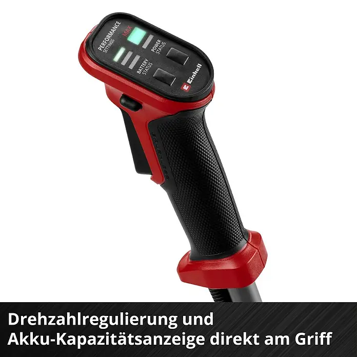 Einhell Professional Akku-Motorsense SOLO GP-BC 36/430 LI BL - 36 V, Ohne Akku, Schnittbreite Faden: 43 cm, Schnittbreite Messer: 25,5 cm - Nahaufnahme eines Einhell Werkzeuggriffs mit digitaler Anzeige für Akkustand und Leistungsstufe.