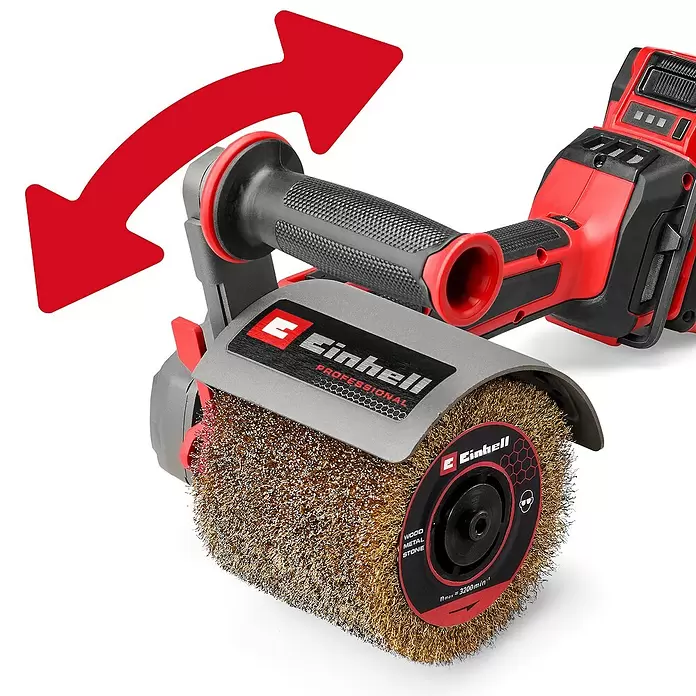Einhell Professional Power X-Change 18V Akku-Bürstenschleifer TP-BR 18/32 Li BL - Solo - 18 V, Ohne Akku - Rot-schwarzes Einhell-Elektrowerkzeug mit goldener Drahtbürste für Holz, Metall und Stein und einer roten, gekrümmten Pfeilgrafik.