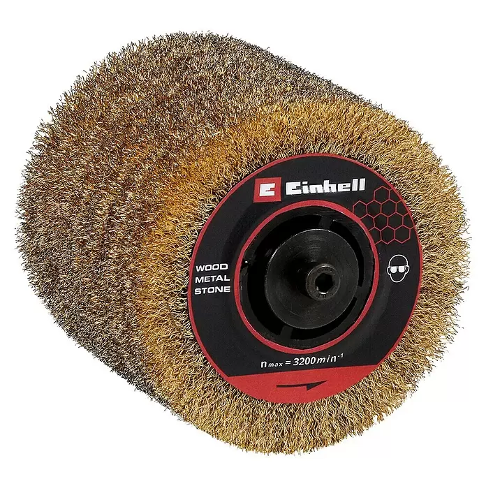 Einhell Professional Power X-Change 18V Akku-Bürstenschleifer TP-BR 18/32 Li BL - Solo - 18 V, Ohne Akku - Einhell Messingdrahtbürstenrad für Holz, Metall und Stein, mit schwarzer und roter Nabe.