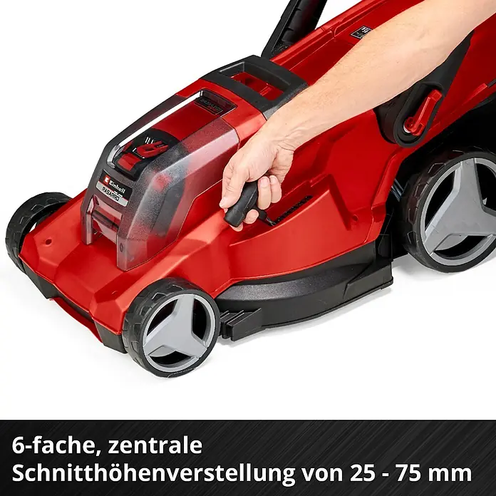 Einhell Power X-Change 18V Akku-Rasenmäher Rasarro 36/40 - 36 V, 2 Akkus, 4 Ah, Schnittbreite: 40 cm - Ein roter Einhell Rasenmäher PASARRO wird von einer Hand bedient, mit zentraler Schnitthöhenverstellung von 25 - 75 mm.