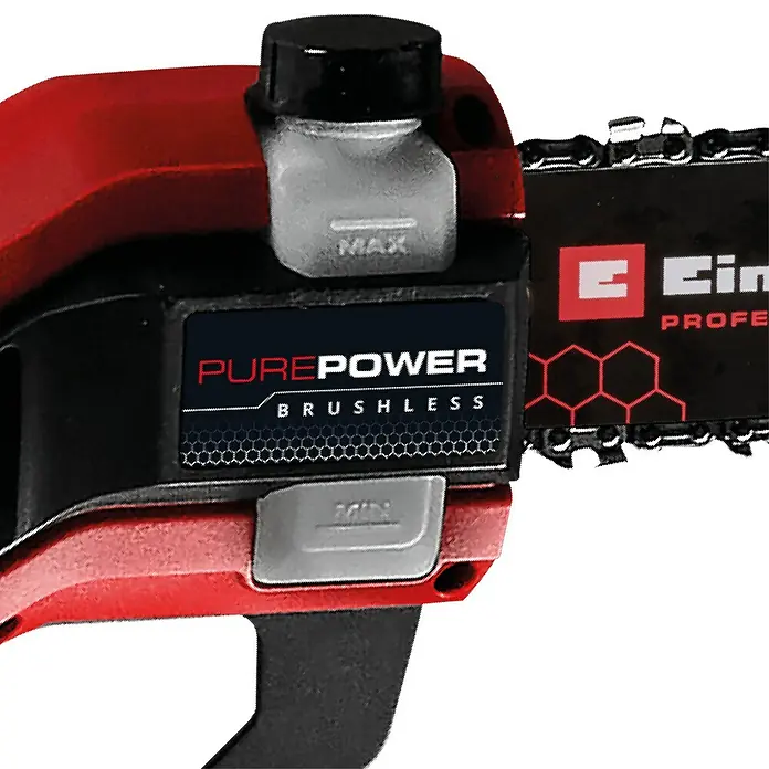 Einhell Professional Akku-Multifunktionswerkzeug GP-HC 18/5020 Li T BL-Solo - 18 V, Ohne Akku - Nahaufnahme einer Akku-Kettensäge mit PurePower Brushless-Technologie, die Leistung und Effizienz vereint.