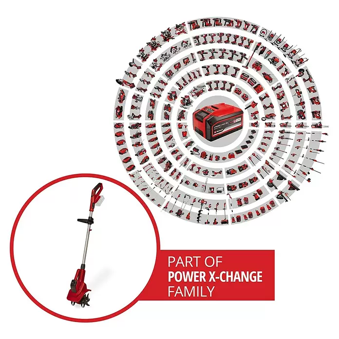 Einhell Power X-Change 18V Akku-Bodenhacke GE-CR 18/20LI E - Anzahl Akkus: Ohne Akku, Li-Ionen - Rote und silberne Akku-Gartenfräse, Teil der Einhell Power X-Change Akku-Familie.