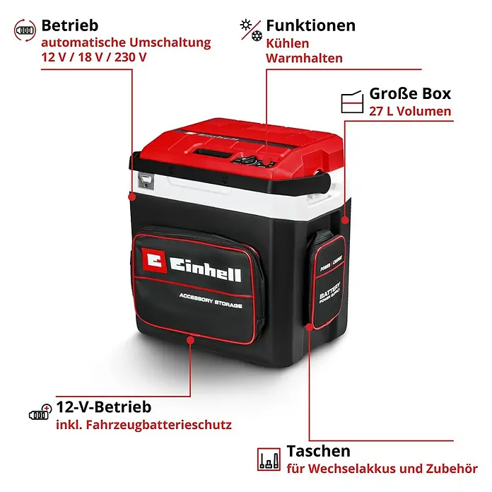 Einhell Power X-Change 18V Akku-Kühlbox TE-COL 18/27 Li-Solo - 18 V, Ohne Akku, 27 l, 20 °C - 60 °C - Abbildung einer Einhell Kühlbox mit 27L Volumen, mit automatischer Umschaltung, 12 V / 18 V / 230 V. Verfügt über Taschen für Zubehör.