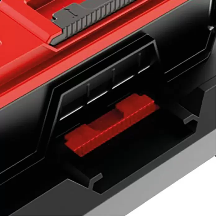 Einhell Transportroller E-Case - L x B x H: 53 x 40 x 11 cm, Polypropylen, Traglast: 120 kg - Rotes Modul in schwarzem Elektrowerkzeug- oder Ladeschlitz, mit strukturiertem schwarzem Griff auf roter Oberfläche.