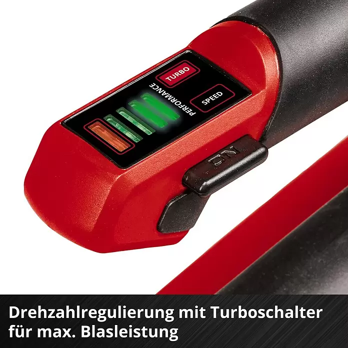 Einhell Professional Akku-Laubbläser GP-LB 18/200LI E - 18 V, Ohne Akku, Blasgeschwindigkeit: 200 km/h, Blasleistung: 670 m³/h - Roter, schwarzer Werkzeugteil mit Drehzahlregulierung: Display mit Turbo-Anzeige, Leistungsbalken und Schalter.