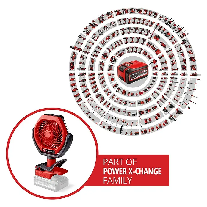 Einhell Power X-Change 18V Akku-Ventilator GC-CF 18/110 Li - Rot, 11 cm, 18 V, Ohne Akku - Abbildung eines Einhell Akku-Ventilators, Teil der Power X-Change Familie, für Flexibilität und Komfort.