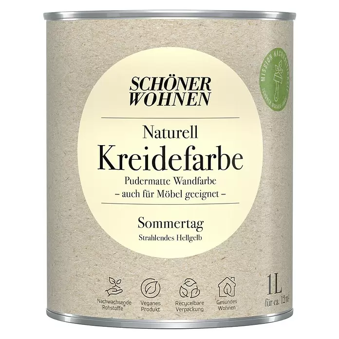 SCHÖNER WOHNEN-Farbe Naturell Wandfarbe KreidefarbeSommertag - strahlendes Hellgelb, Matt, 1 l, Konservierungsmittelfrei